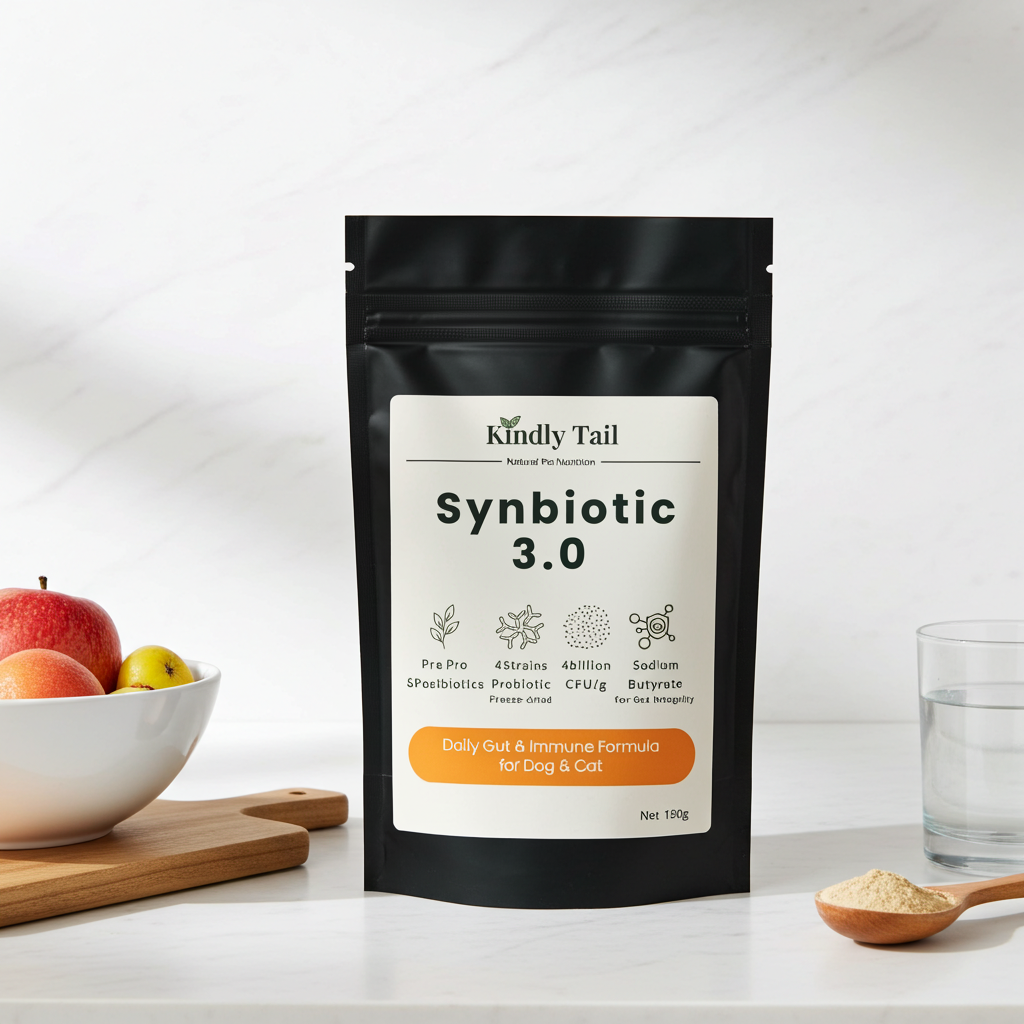Kindly Tail Synbiotic 3.0 package on a white surface with fruits and a glass of water in the background