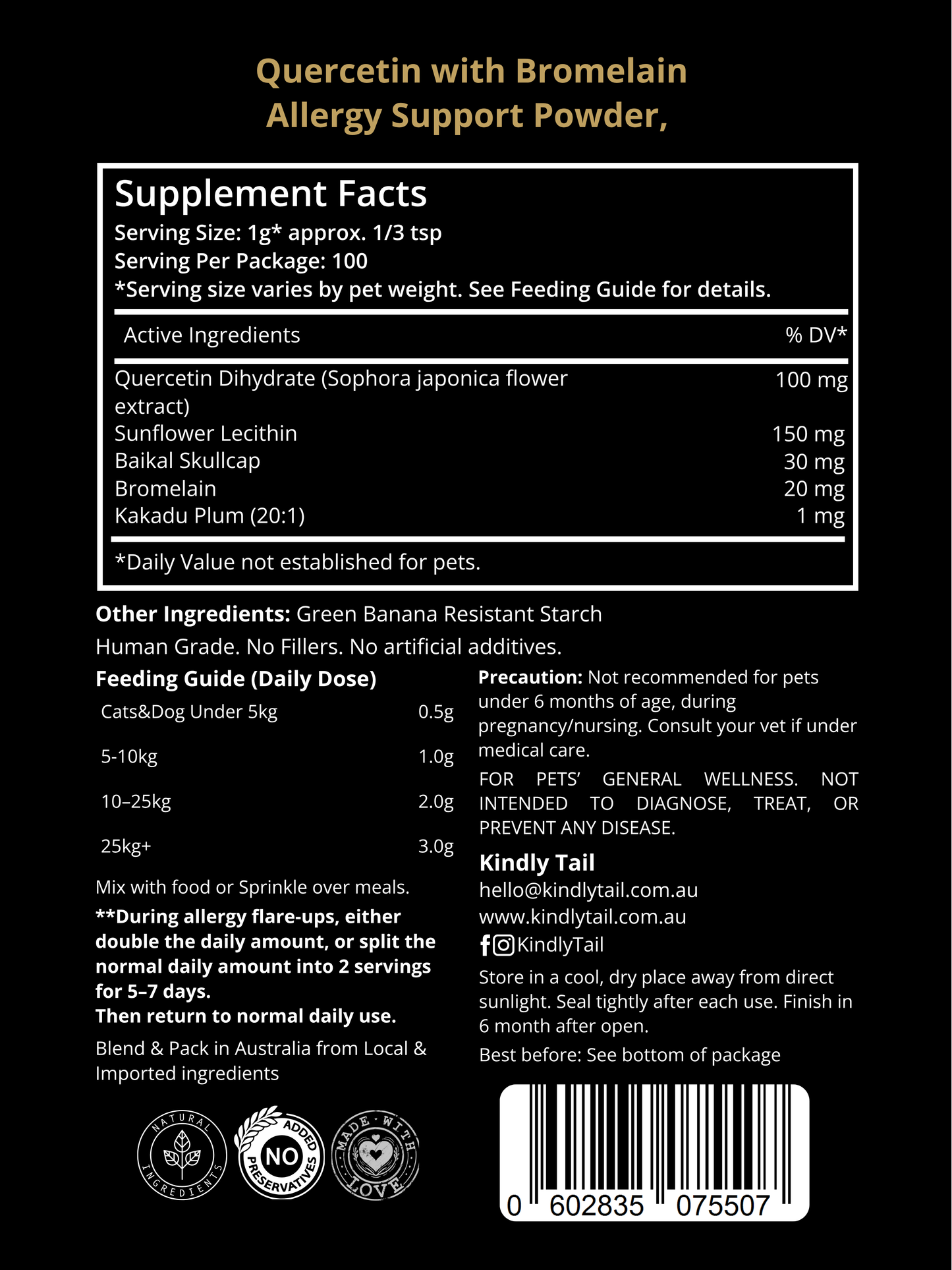 Quercetin supplement for dogs showing ingredients and daily feeding directions for allergy support