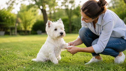 West Highland White Terrier on grass with owner checking paw for signs of itchy skin and atopic dermatitis.