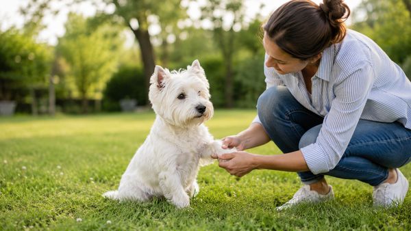 West Highland White Terrier on grass with owner checking paw for signs of itchy skin and atopic dermatitis.