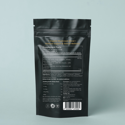 Ingredients and feeding directions of 7 mushroom blend supplement for dogs including turkey tail reishi and chaga