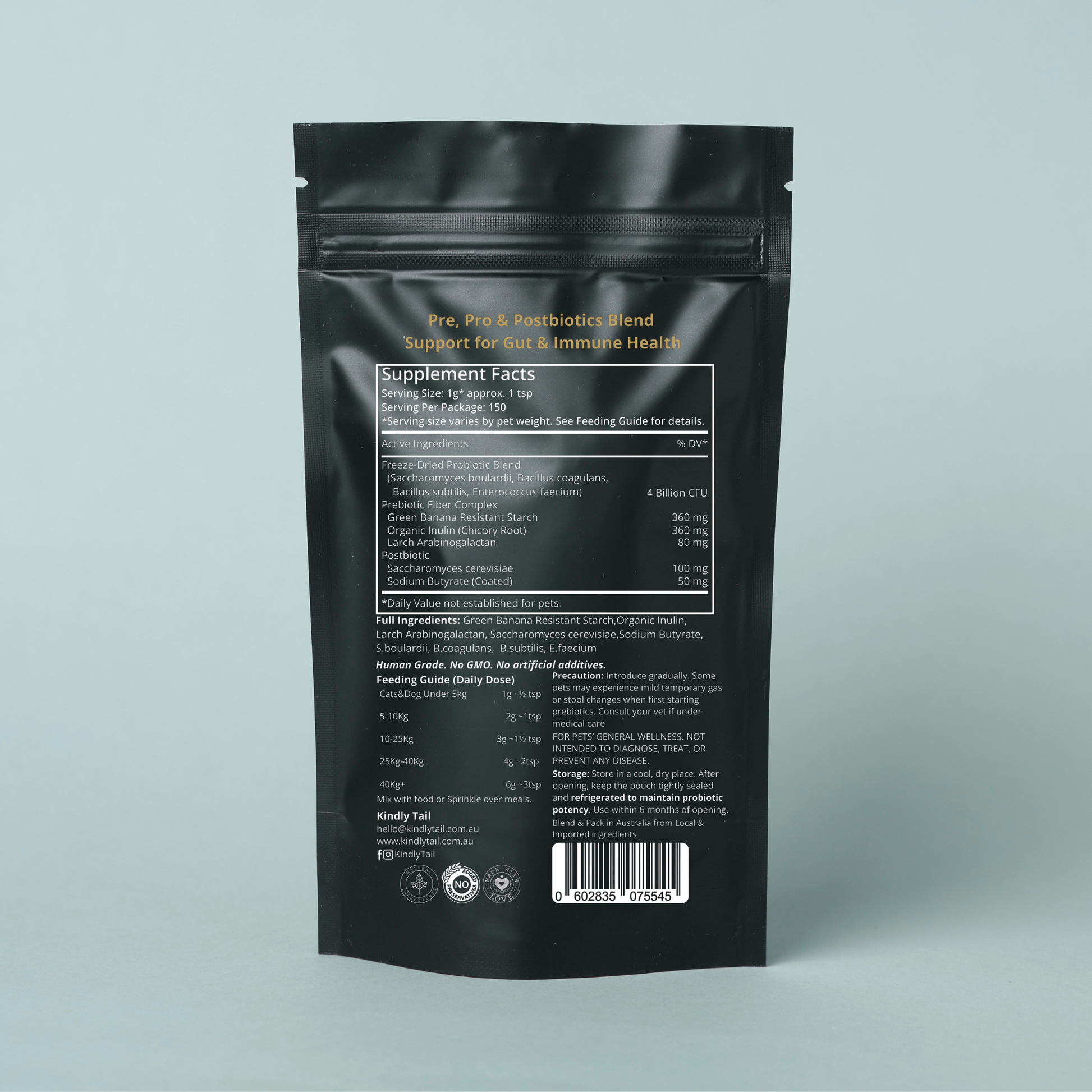 Kindly Tail probiotic pet supplement package with text on a light gray background