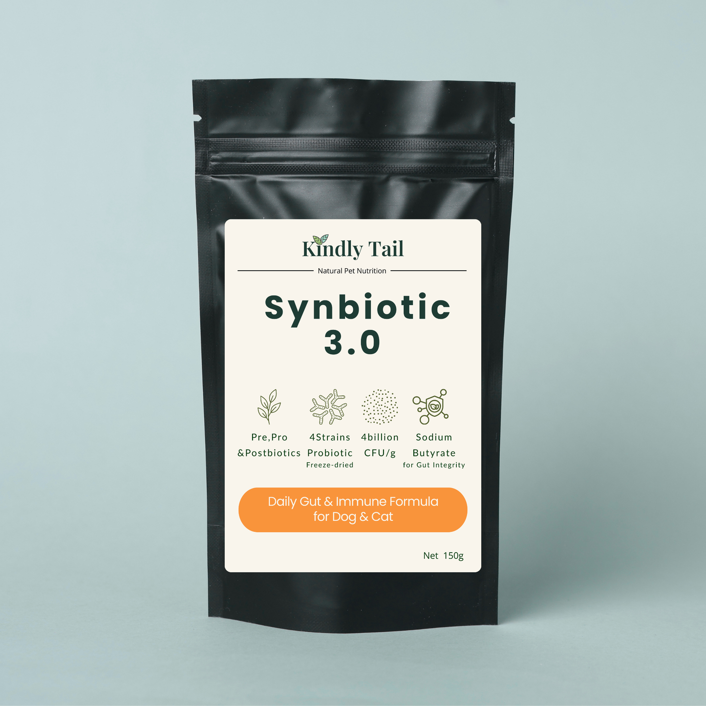 Kindly Tail Synbiotic 3.0 package on a light gray background