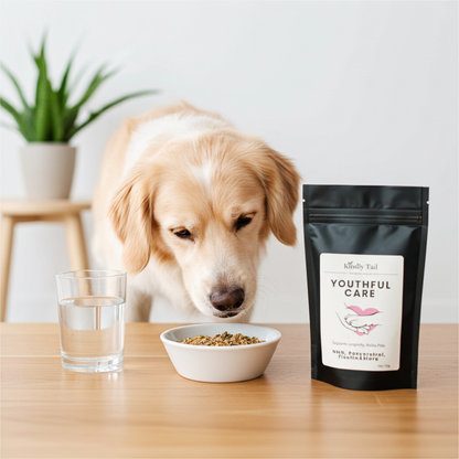 Kindly Tail Youthful Care Blend  product with a senior dog in the food and water beside.