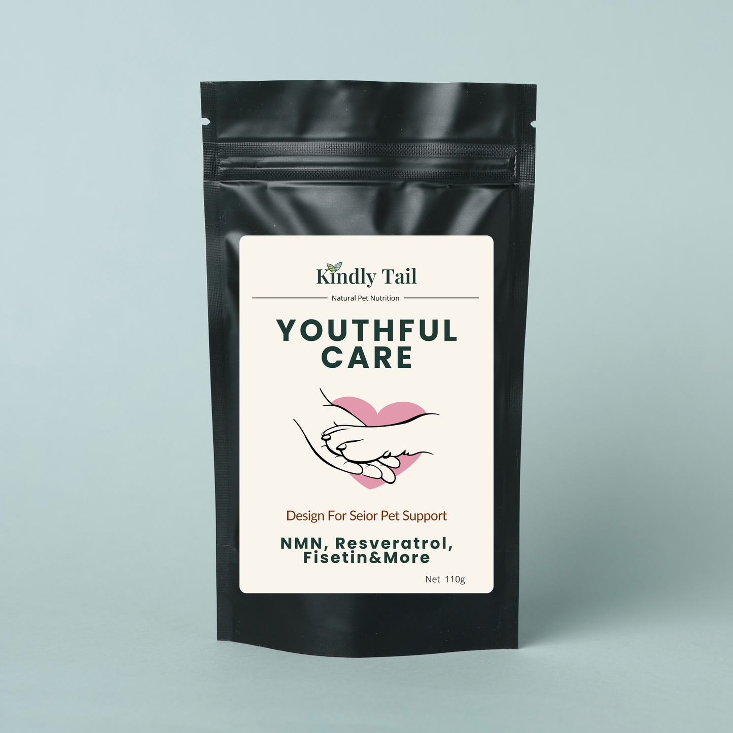 Black packaging of 'Kindly Tail Youthful Care' on a light gray background