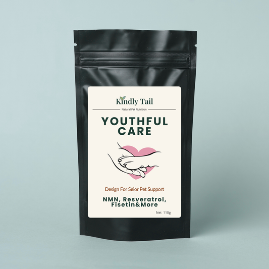 Black packaging of 'Kindly Tail Youthful Care' on a light gray background