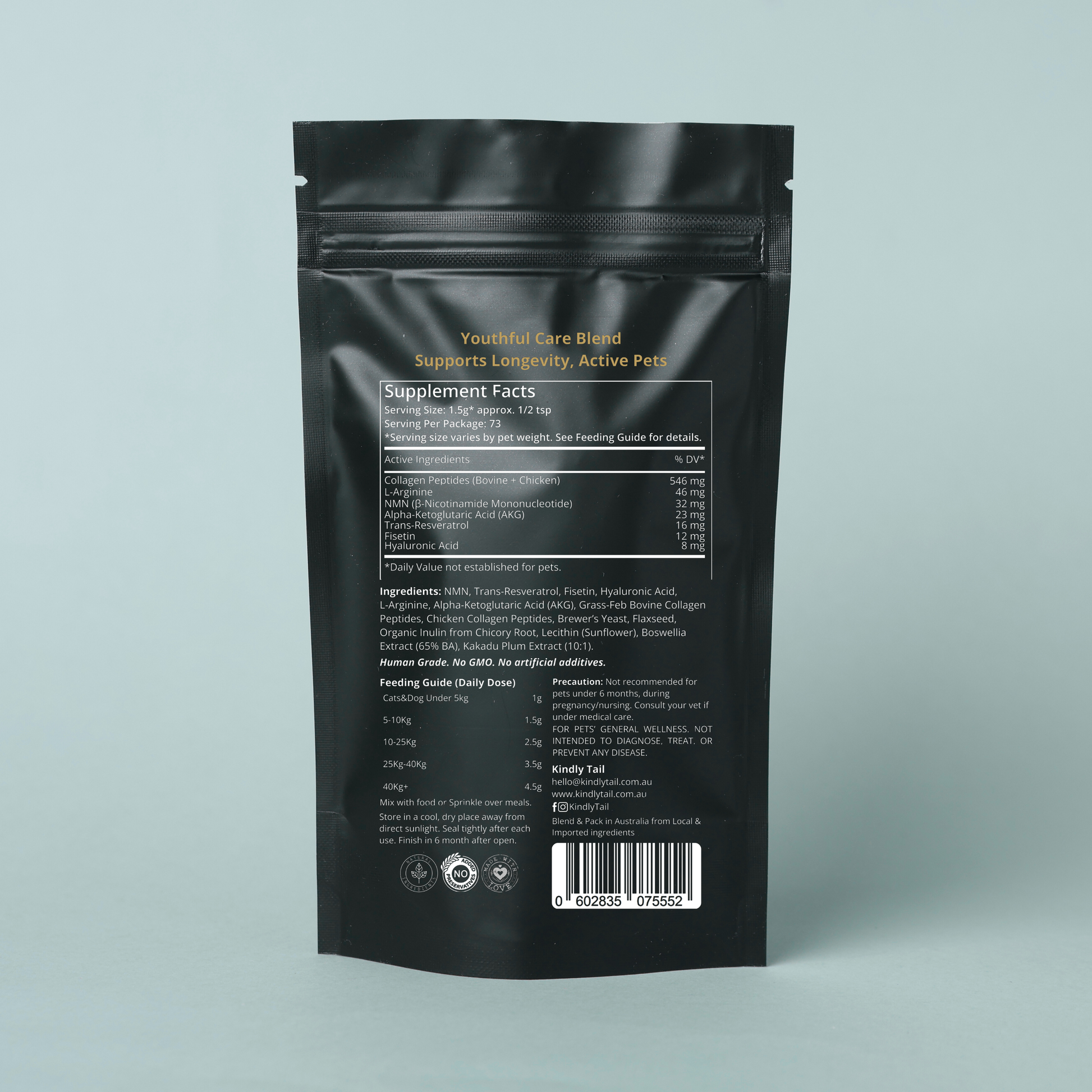 Kindly tail pet supplement facts package on a light gray background