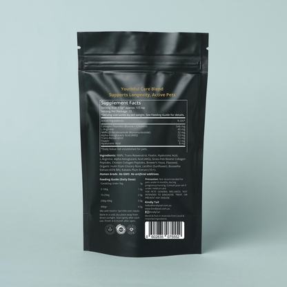 Kindly tail pet supplement facts package on a light gray background