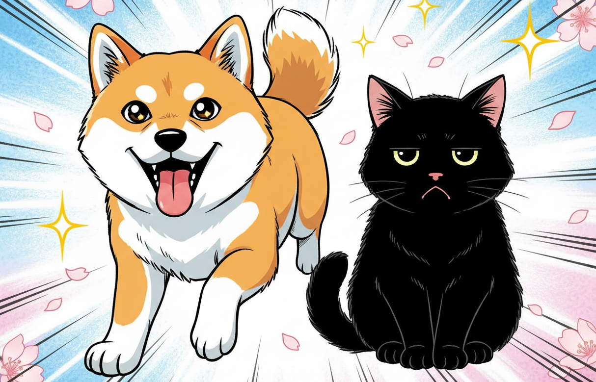 Cartoon dog and cat with a colorful background featuring stars and cherry blossoms.