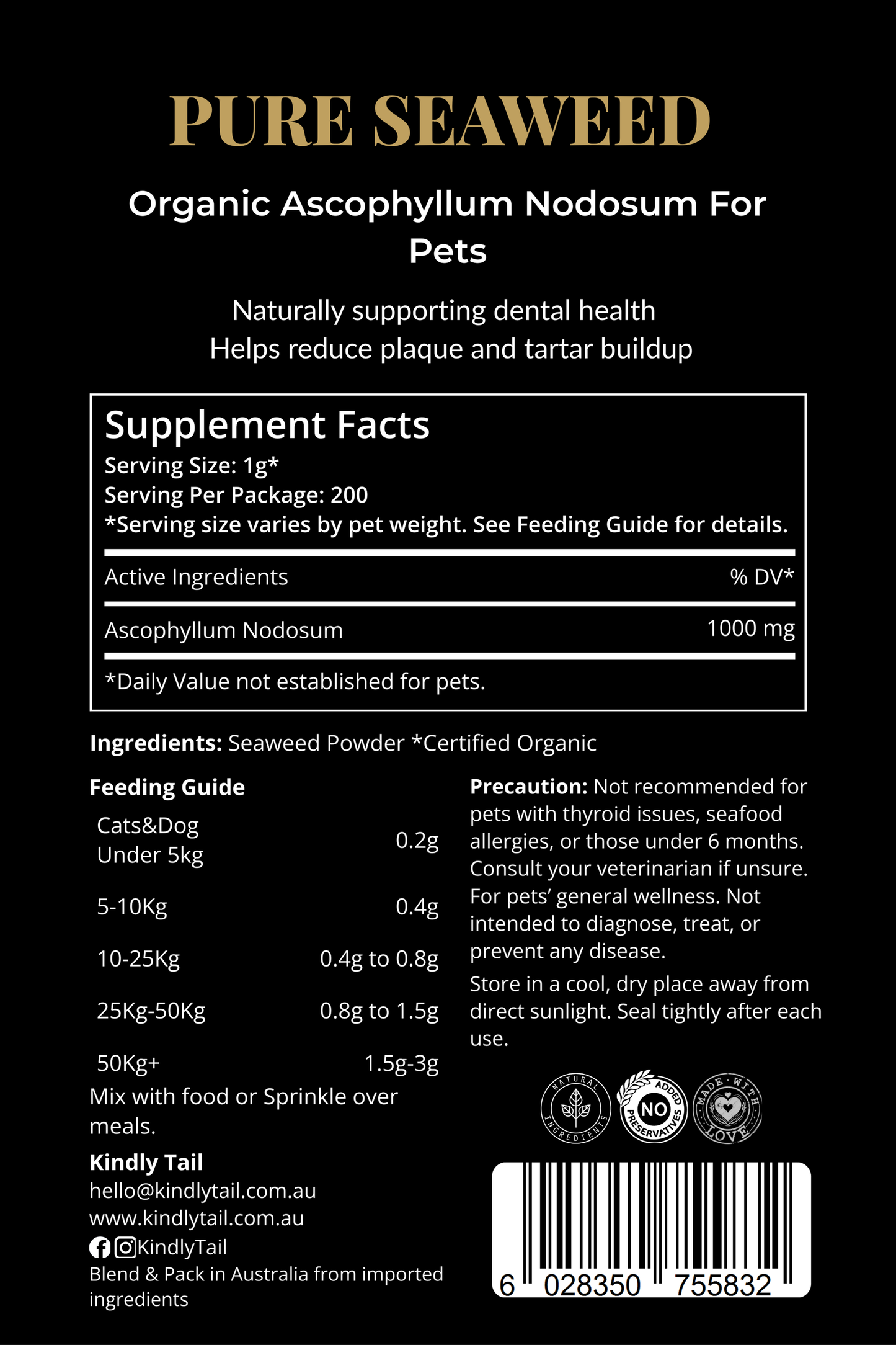 Clear ingredient list and dosage guide for natural seaweed dental powder for dogs to help reduce plaque tartar and bad breath