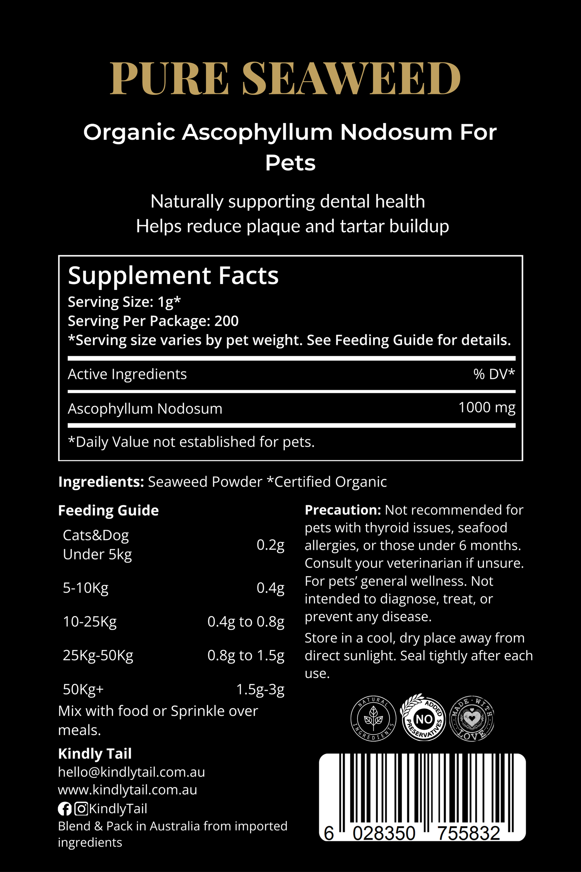 Clear ingredient list and dosage guide for natural seaweed dental powder for dogs to help reduce plaque tartar and bad breath