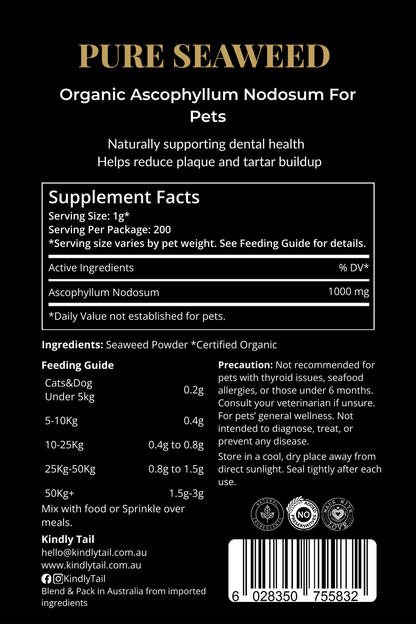 Clear ingredient list and dosage guide for natural seaweed dental powder for dogs to help reduce plaque tartar and bad breath