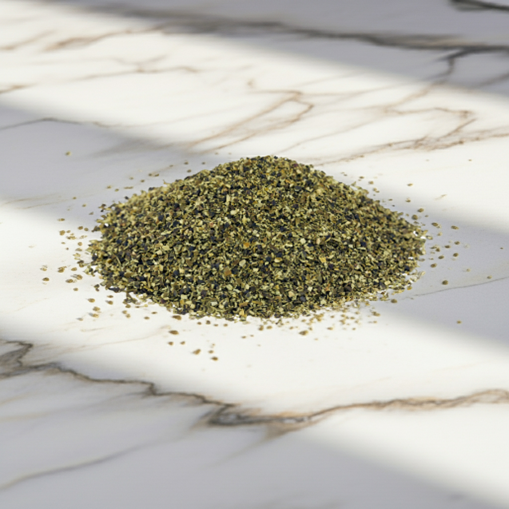 close up of ascophyllum nodosum seaweed powder for dogs showing fine texture and natural quality
