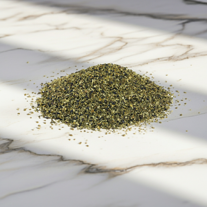 close up of ascophyllum nodosum seaweed powder for dogs showing fine texture and natural quality