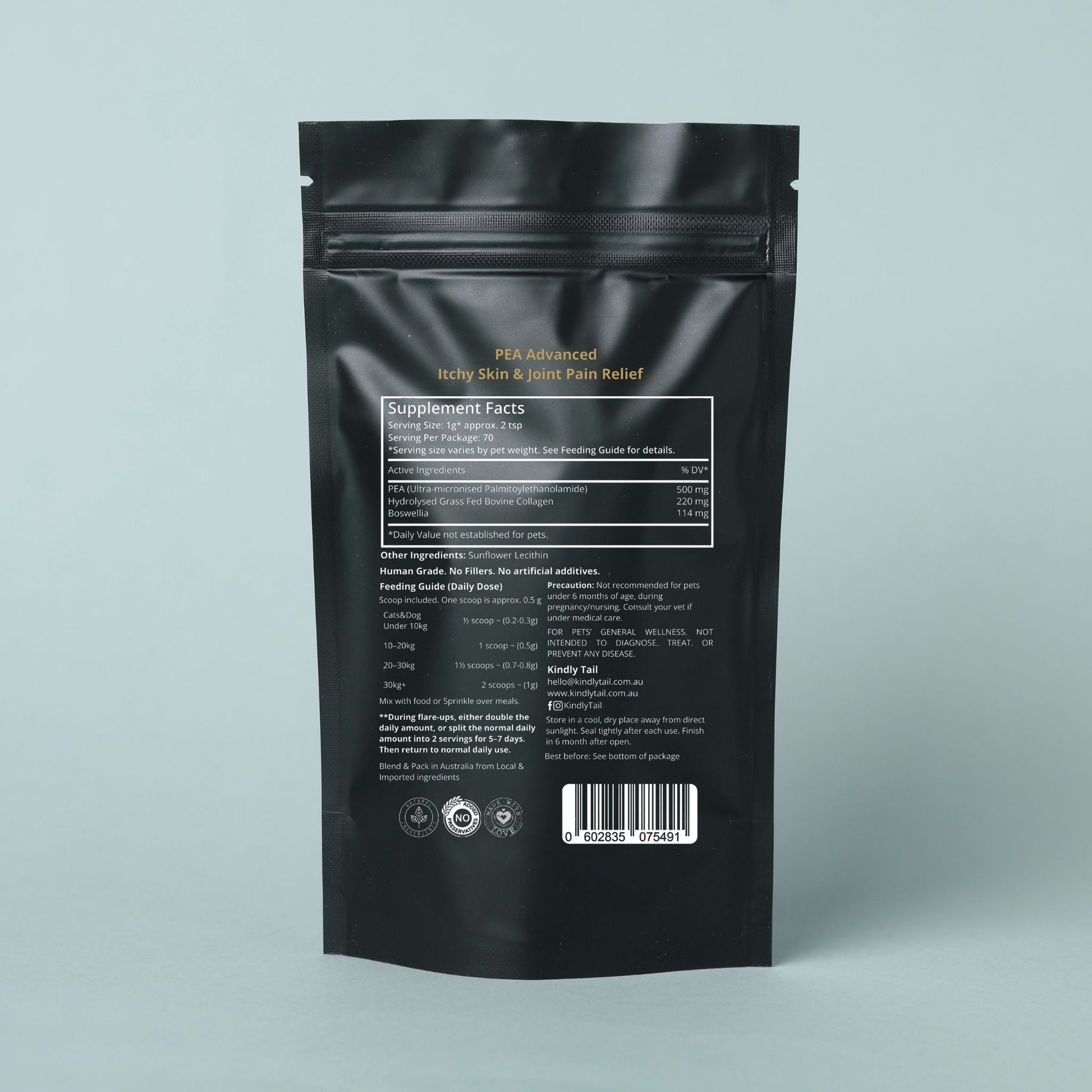 Back of Kindly Tail PEA Advanced for Dogs pouch showing ingredients, feeding guide and directions