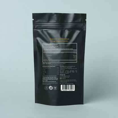 Back of Kindly Tail Quercetin Allergy Support for Dogs pouch showing ingredients, feeding guide and directions