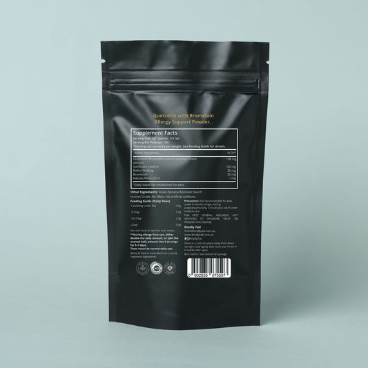 Dog quercetin allergy support supplement with ingredient list and usage directions